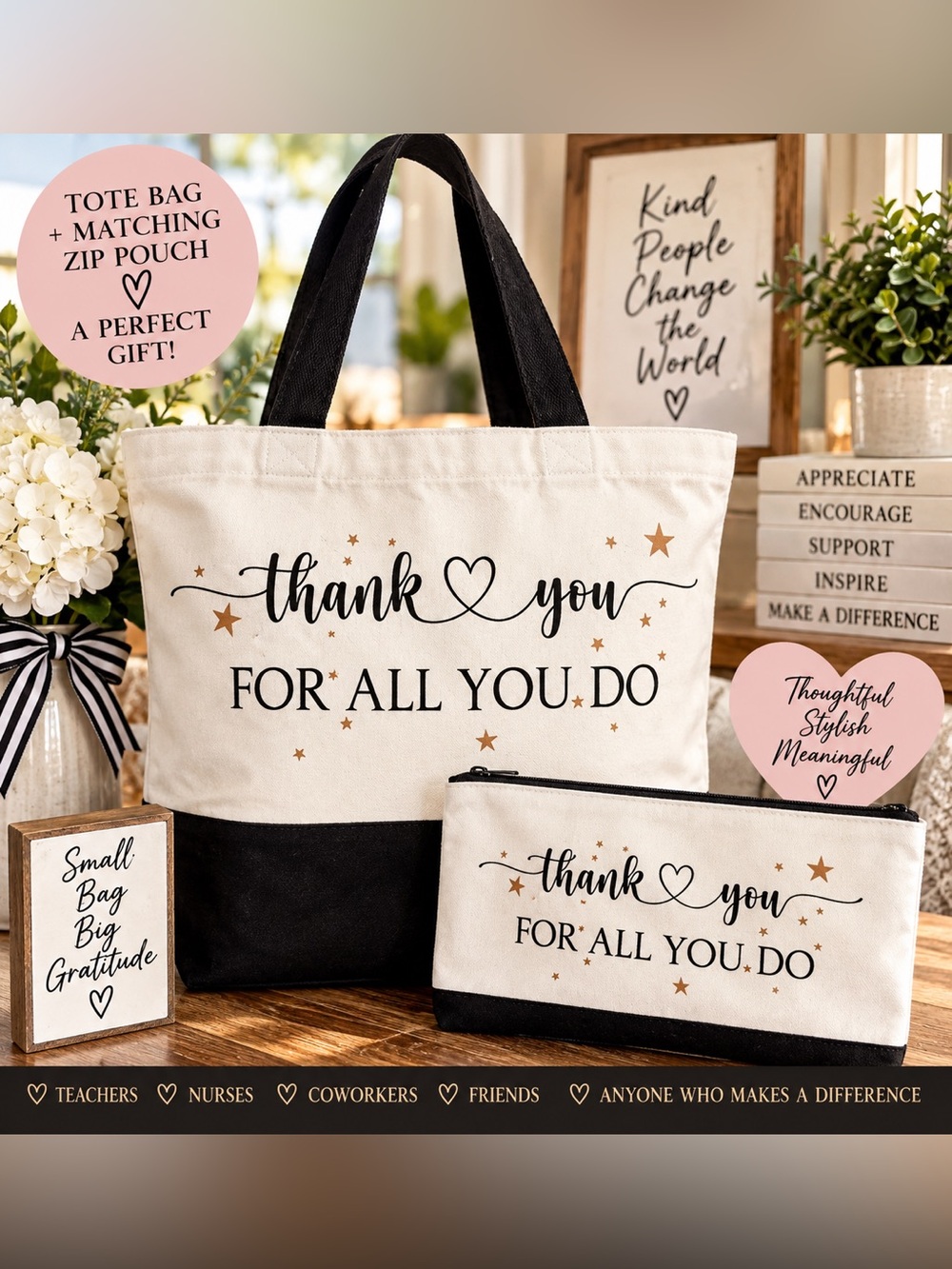 Thank You For All You Do Canvas Tote Bag with Matching Pouch - Cream & Black